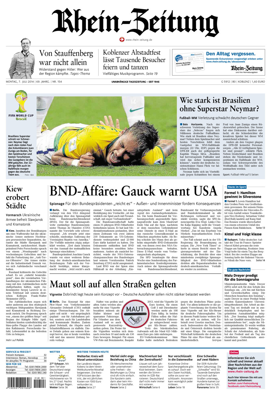 Rhein-Zeitung Koblenz & Region vom Montag, 07.07.2014
