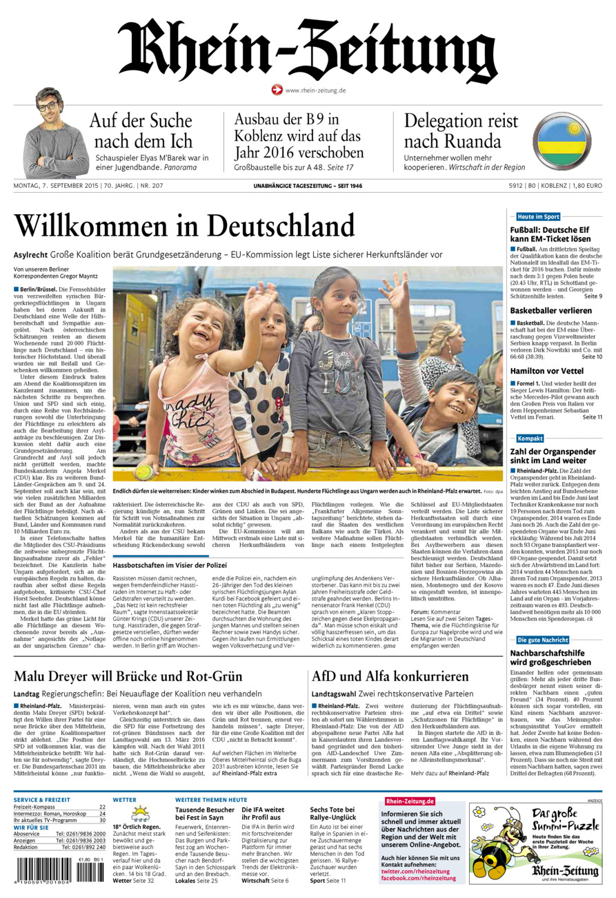Rhein-Zeitung Koblenz & Region vom Montag, 07.09.2015