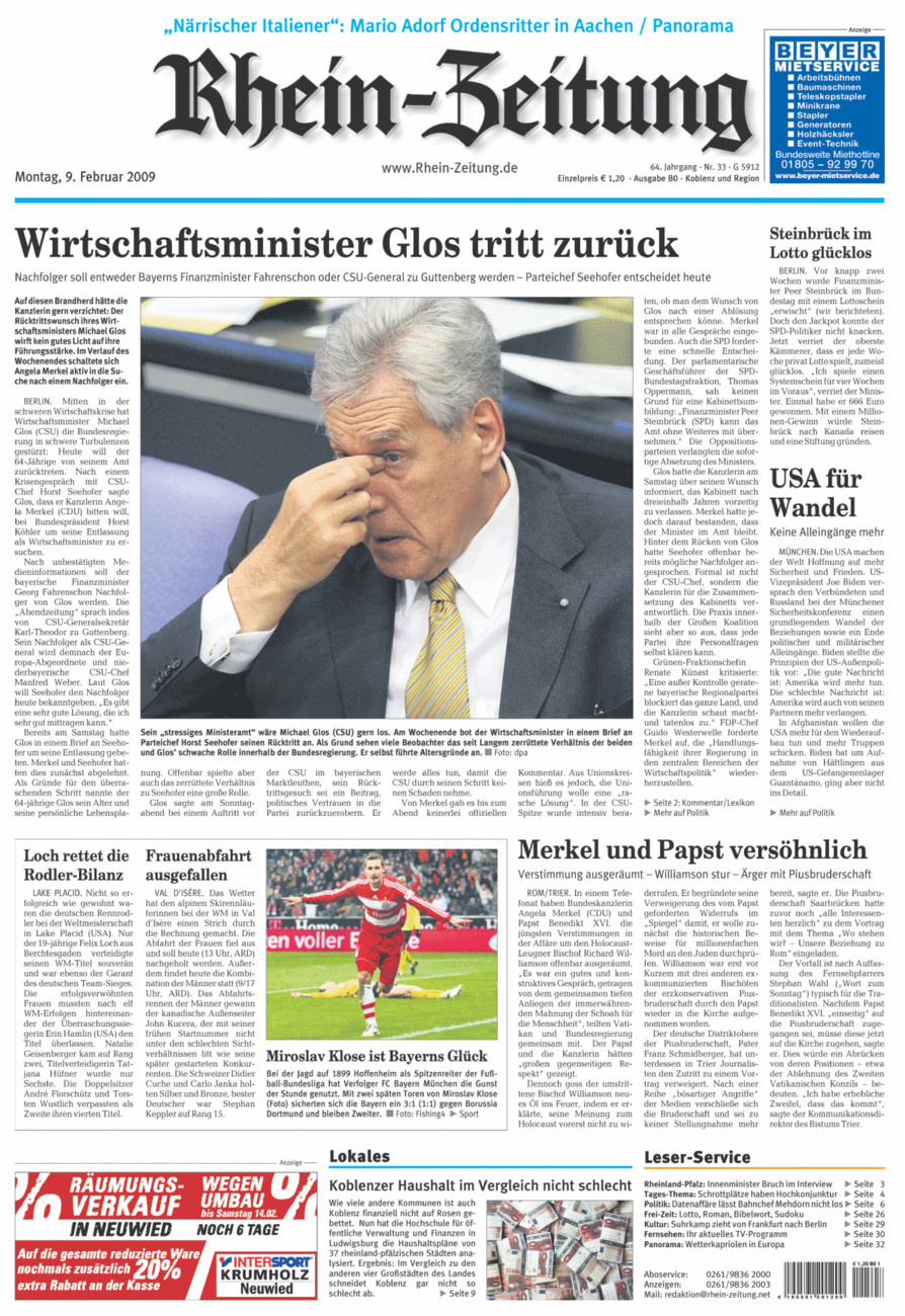 Rhein-Zeitung Koblenz & Region vom Montag, 09.02.2009