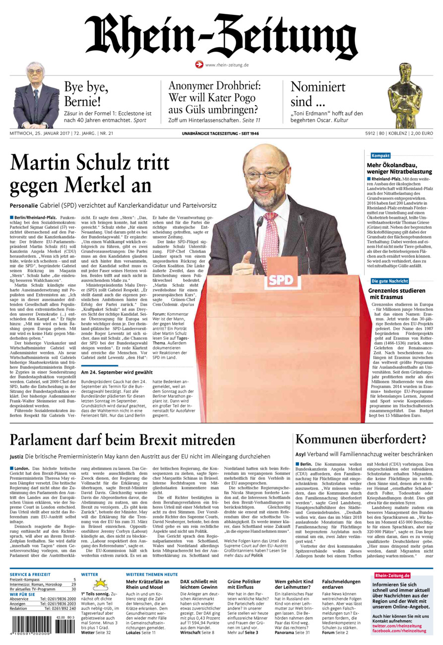 Rhein-Zeitung Koblenz & Region vom Mittwoch, 25.01.2017