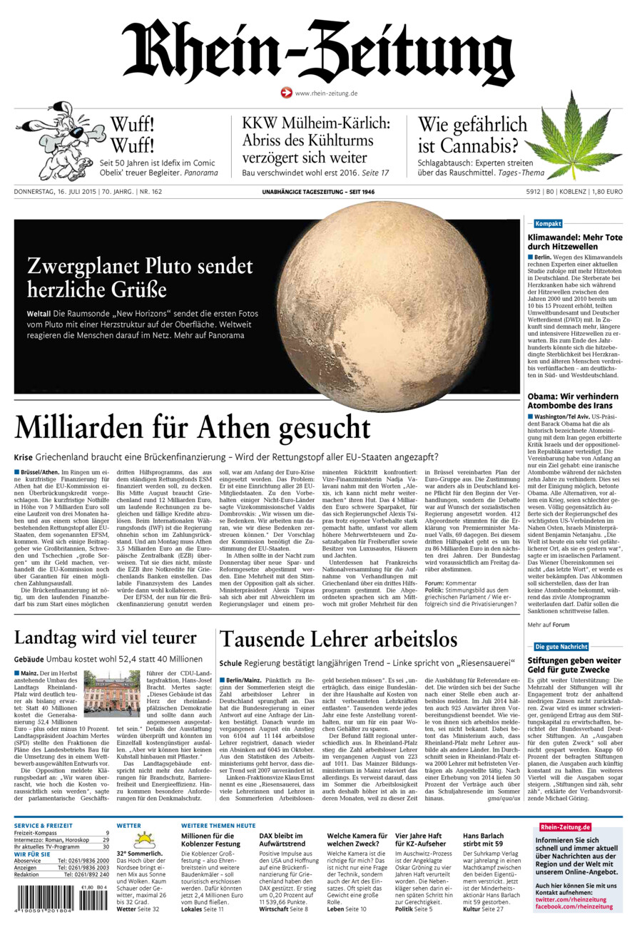 Rhein-Zeitung Koblenz & Region vom Donnerstag, 16.07.2015