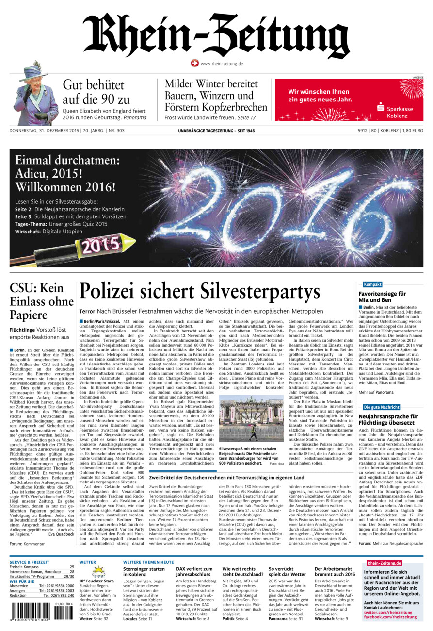 Rhein-Zeitung Koblenz & Region vom Donnerstag, 31.12.2015