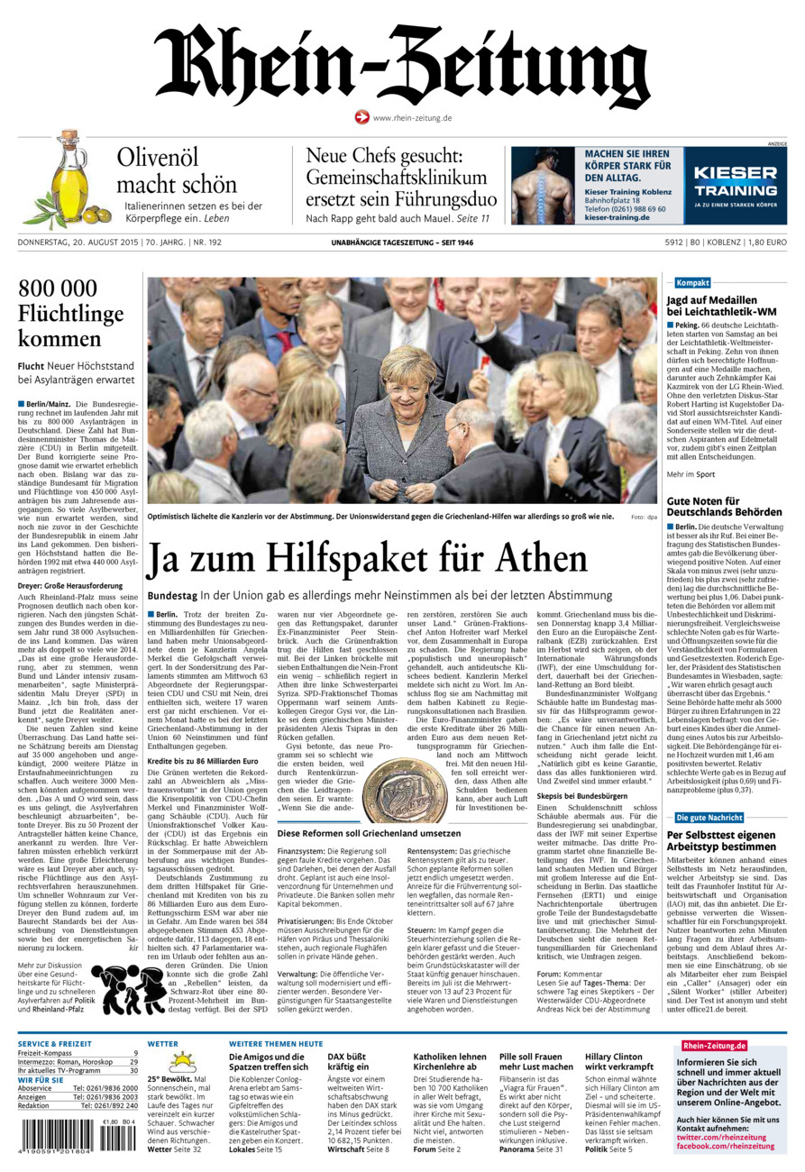 Rhein-Zeitung Koblenz & Region vom Donnerstag, 20.08.2015