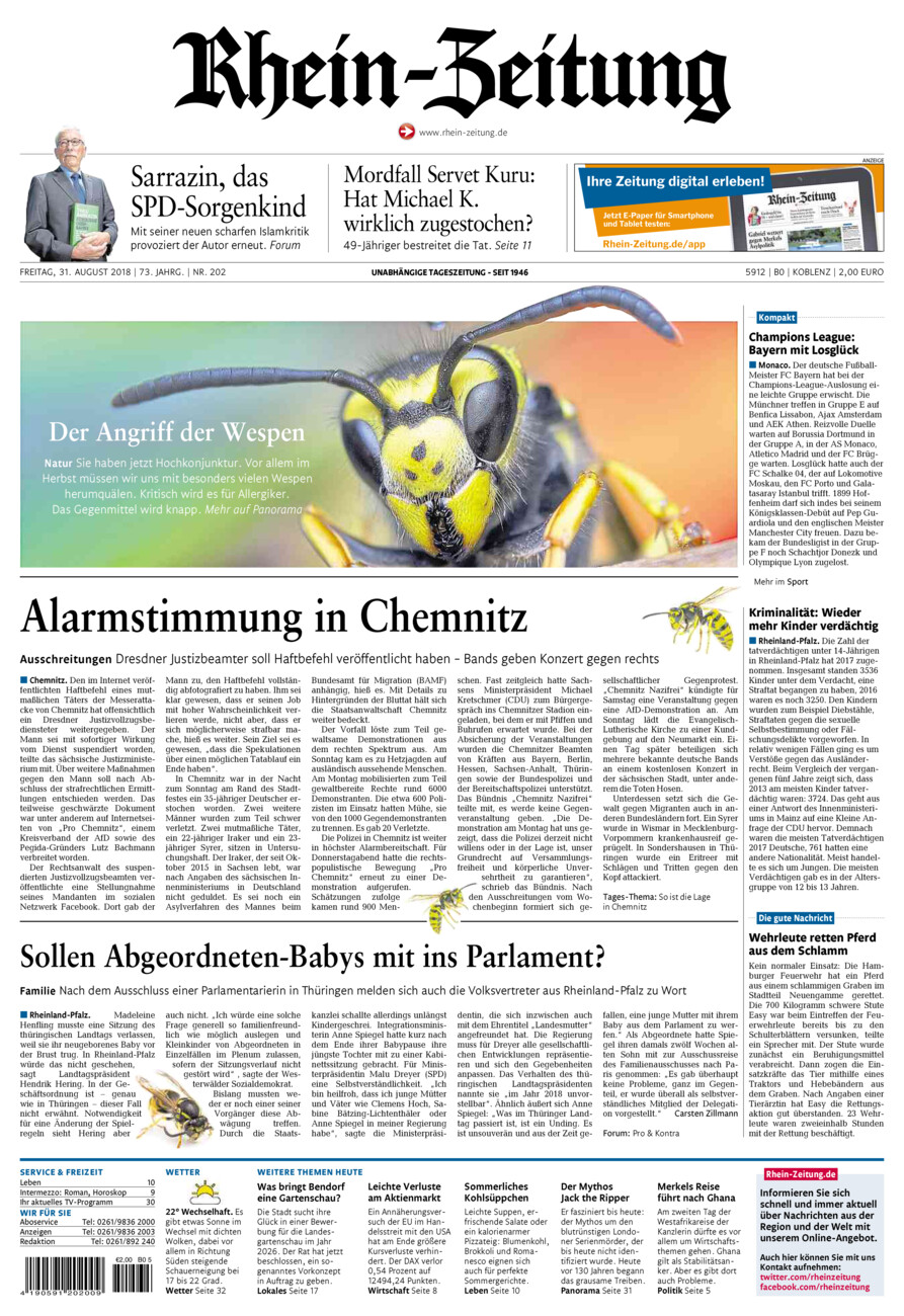 Rhein-Zeitung Koblenz & Region vom Freitag, 31.08.2018