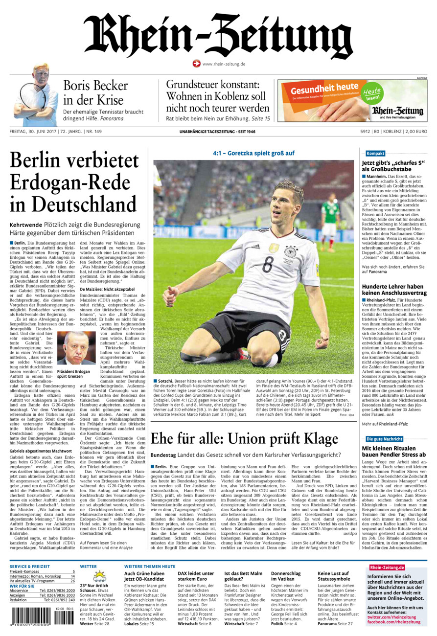 Rhein-Zeitung Koblenz & Region vom Freitag, 30.06.2017