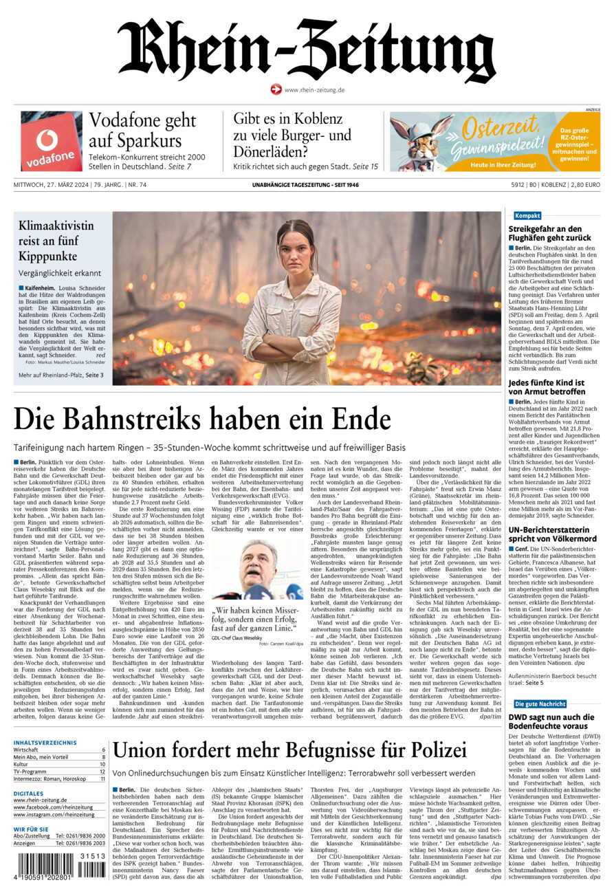 Rhein-Zeitung Koblenz & Region vom Mittwoch, 27.03.2024