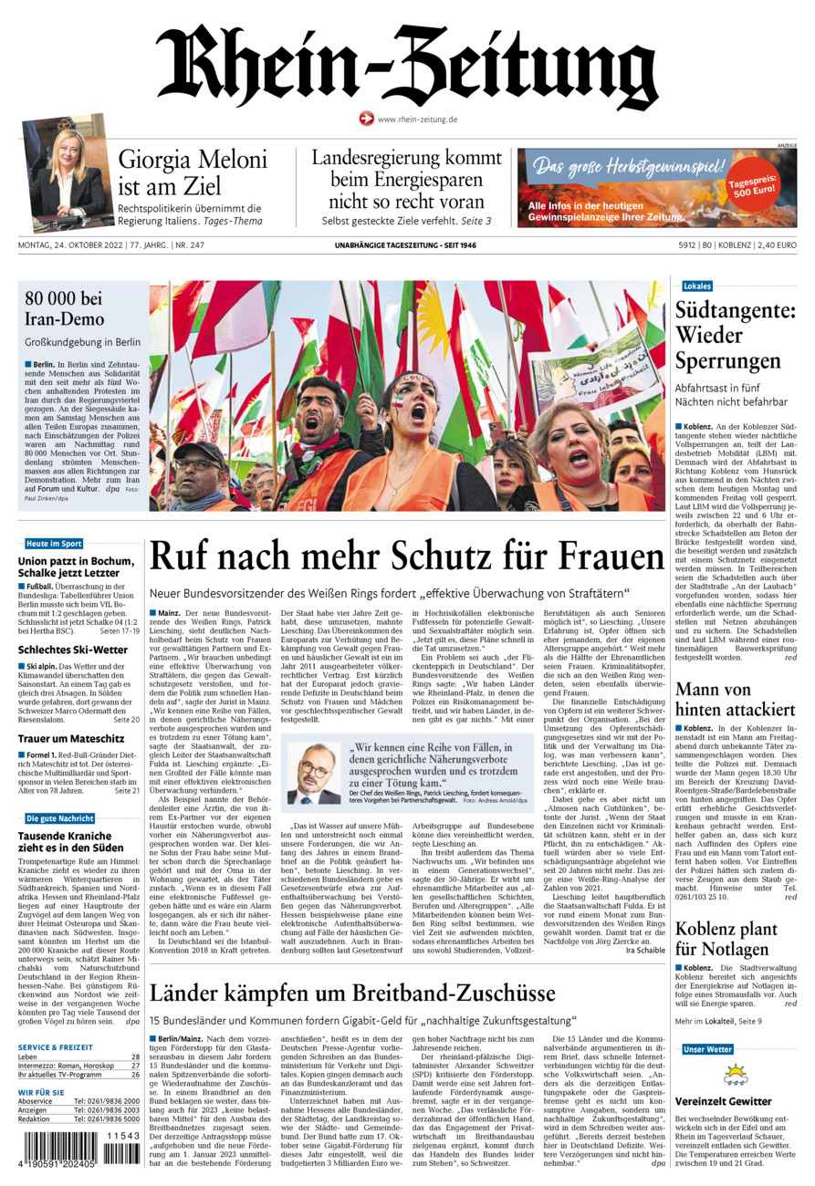Rhein-Zeitung Koblenz & Region vom Montag, 24.10.2022