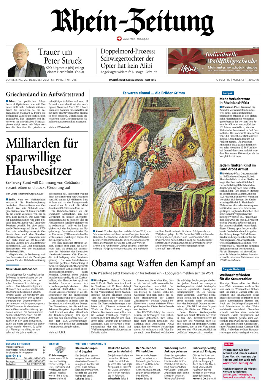 Rhein-Zeitung Koblenz & Region vom Donnerstag, 20.12.2012
