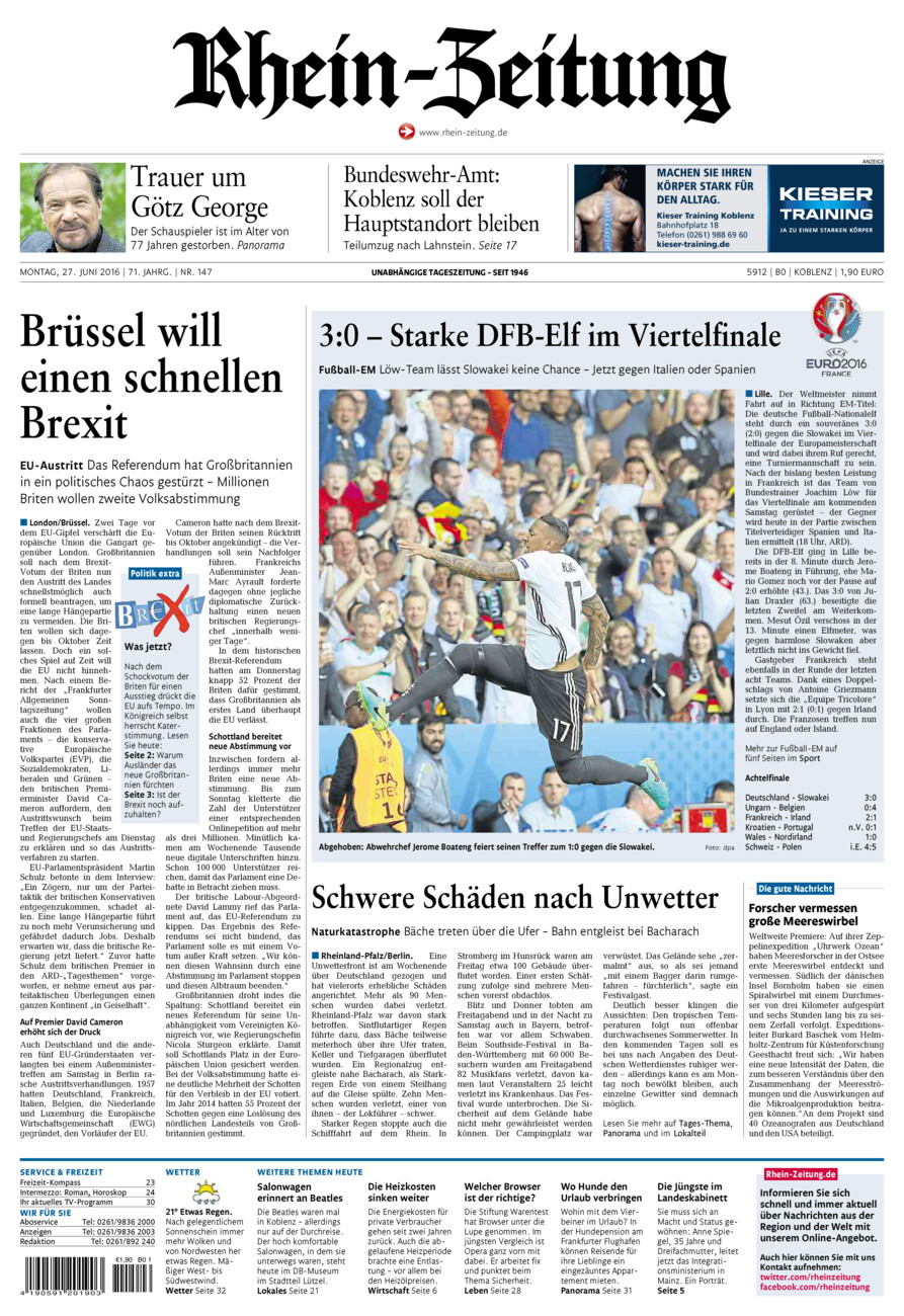 Rhein-Zeitung Koblenz & Region vom Montag, 27.06.2016