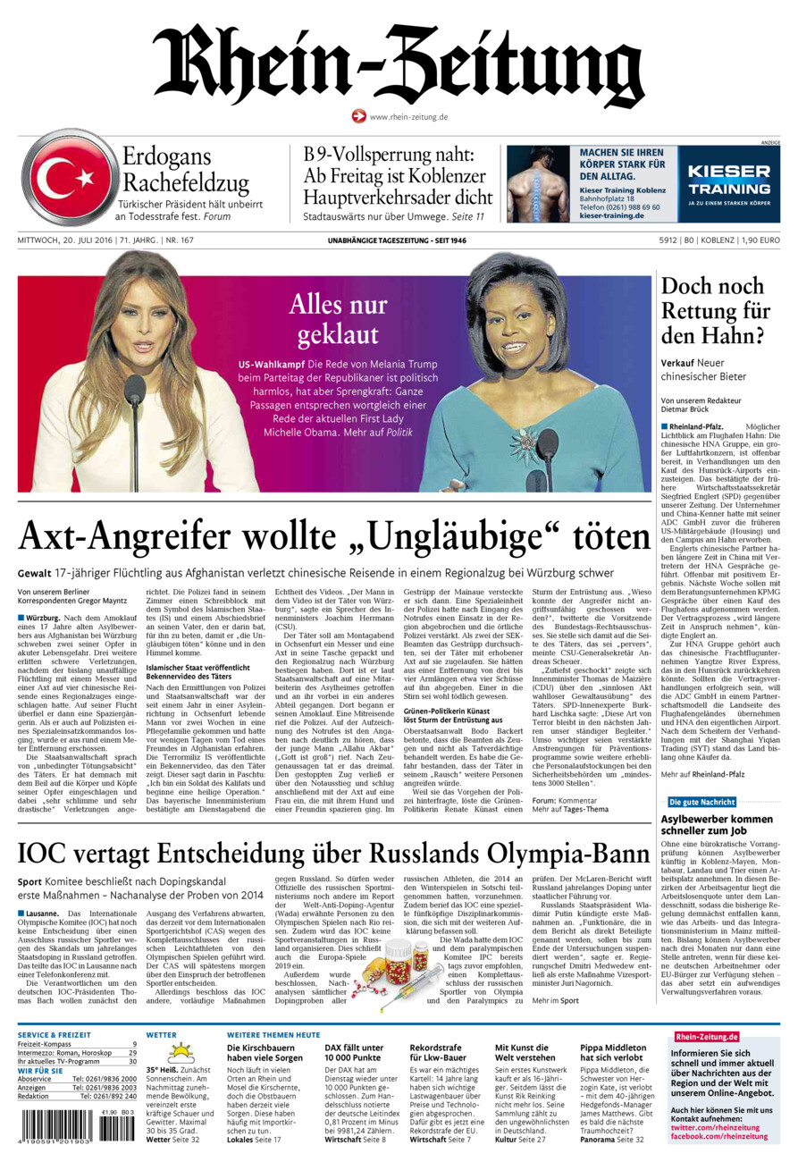 Rhein-Zeitung Koblenz & Region vom Mittwoch, 20.07.2016