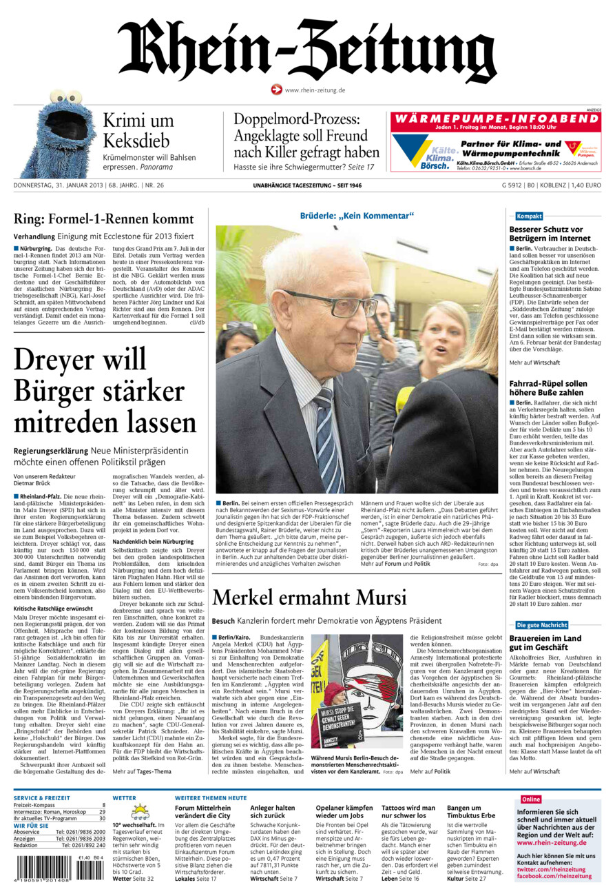 Rhein-Zeitung Koblenz & Region vom Donnerstag, 31.01.2013