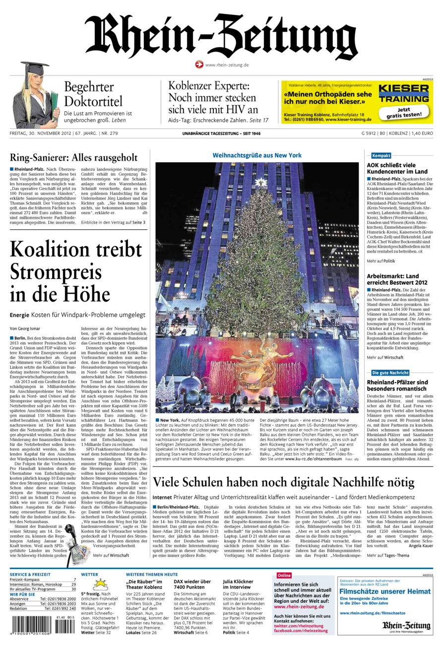 Rhein-Zeitung Koblenz & Region vom Freitag, 30.11.2012