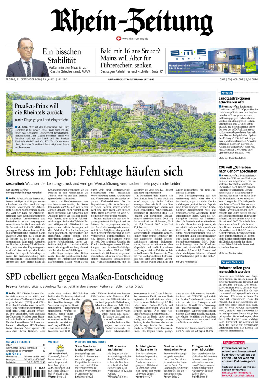 Rhein-Zeitung Koblenz & Region vom Freitag, 21.09.2018