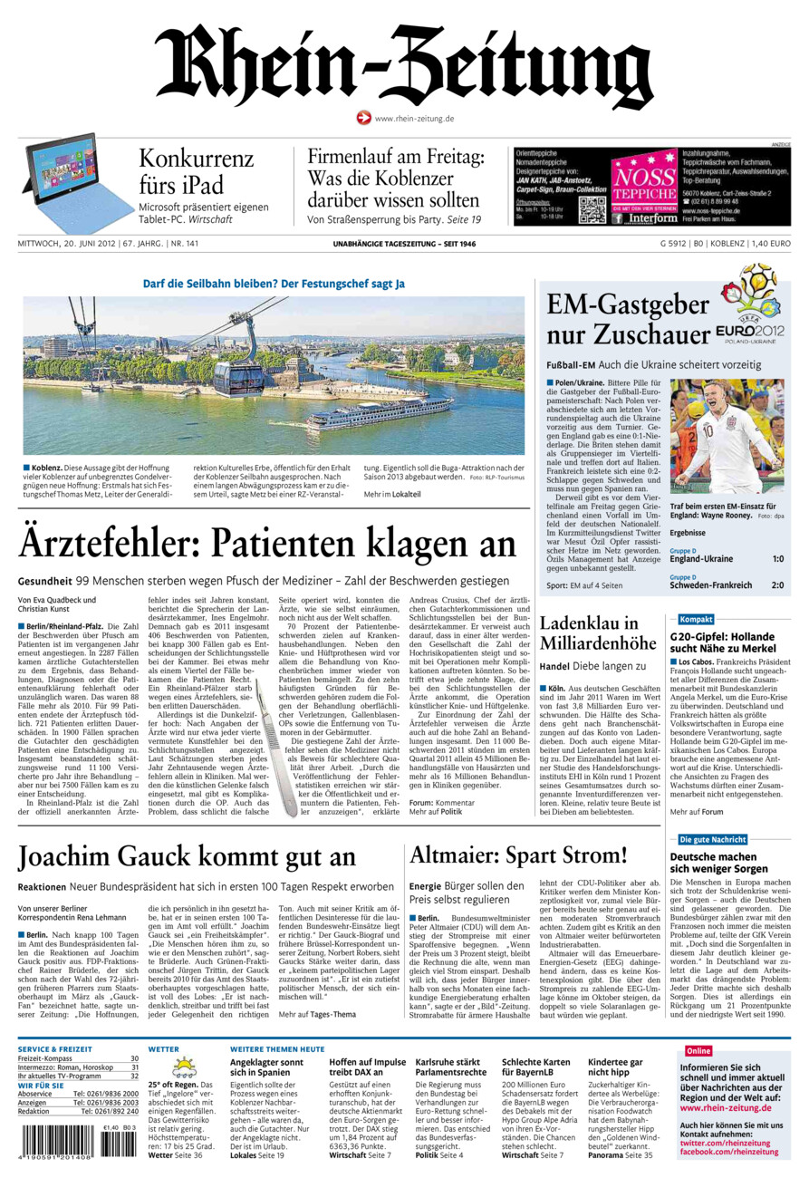 Rhein-Zeitung Koblenz & Region vom Mittwoch, 20.06.2012