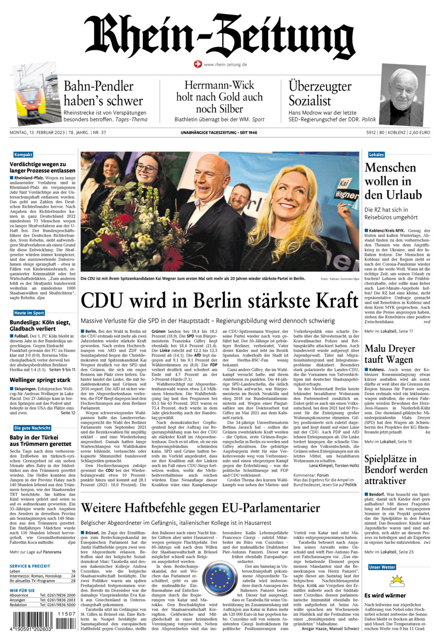 Rhein-Zeitung Koblenz & Region vom Montag, 13.02.2023