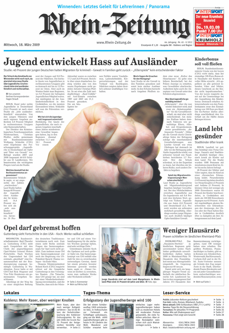 Rhein-Zeitung Koblenz & Region vom Mittwoch, 18.03.2009