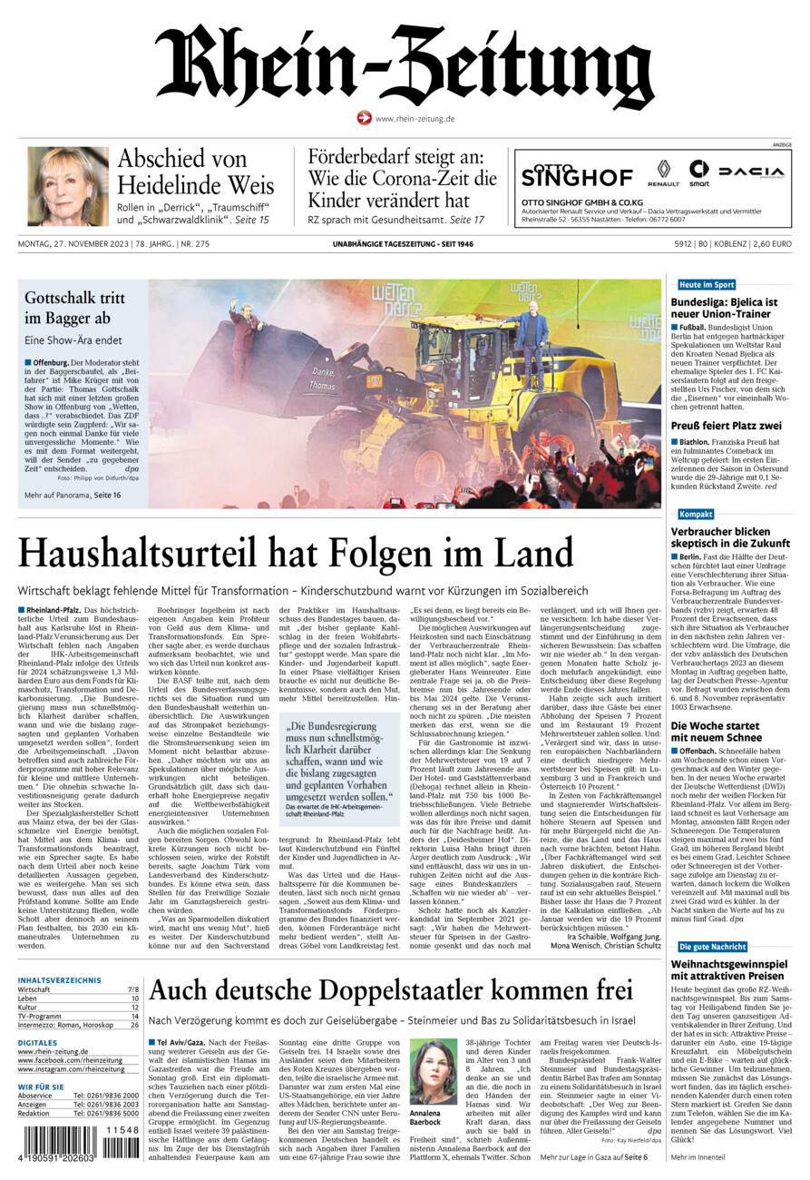 Rhein-Zeitung Koblenz & Region vom Montag, 27.11.2023