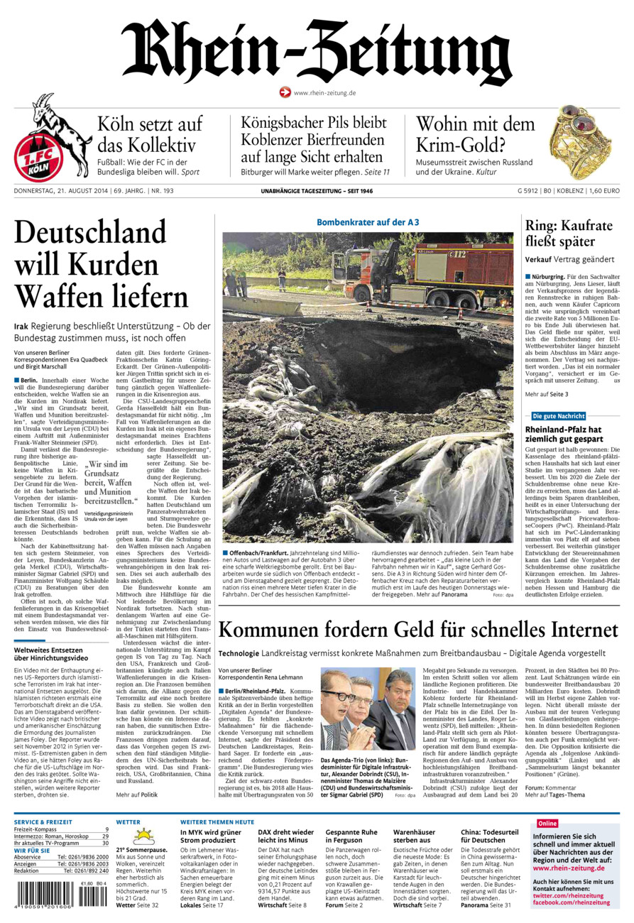 Rhein-Zeitung Koblenz & Region vom Donnerstag, 21.08.2014