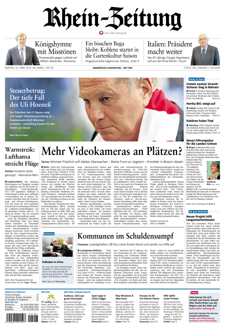Rhein-Zeitung Koblenz & Region vom Montag, 22.04.2013