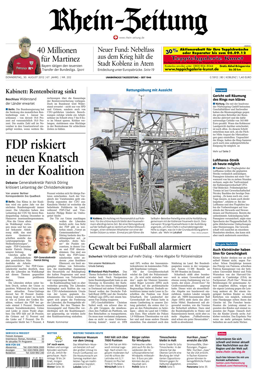 Rhein-Zeitung Koblenz & Region vom Donnerstag, 30.08.2012