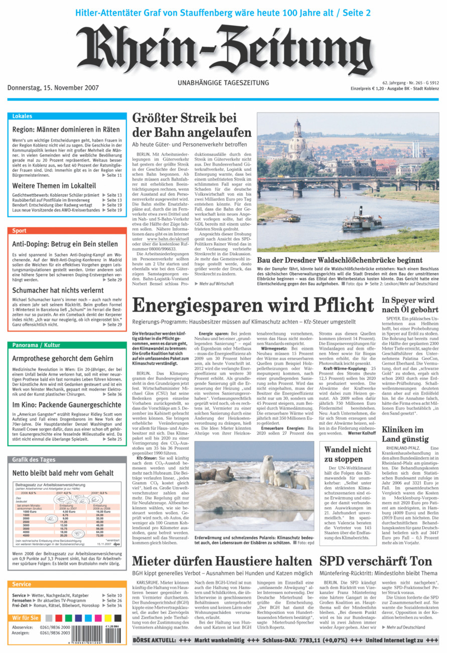 Rhein-Zeitung Koblenz & Region vom Donnerstag, 15.11.2007