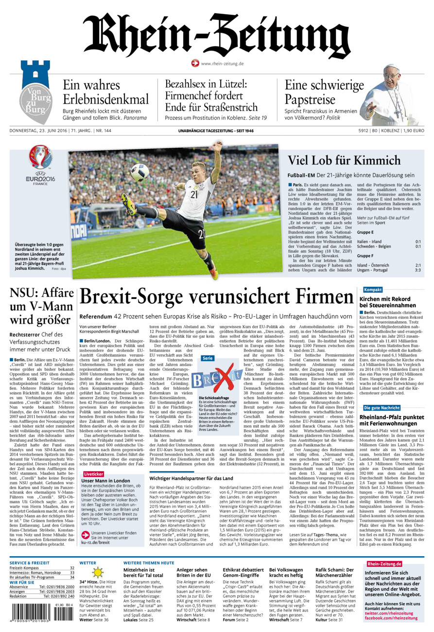 Rhein-Zeitung Koblenz & Region vom Donnerstag, 23.06.2016