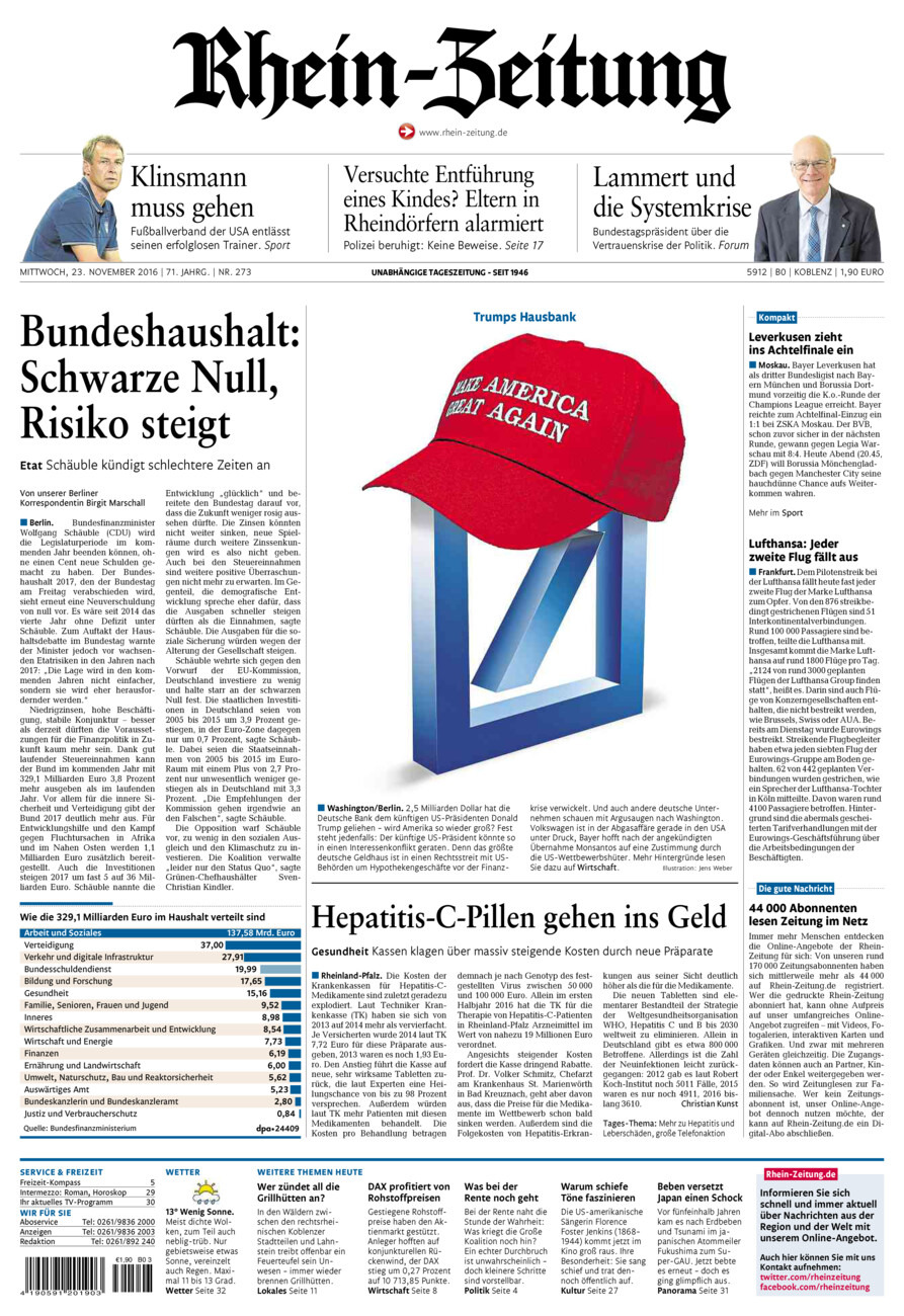 Rhein-Zeitung Koblenz & Region vom Mittwoch, 23.11.2016