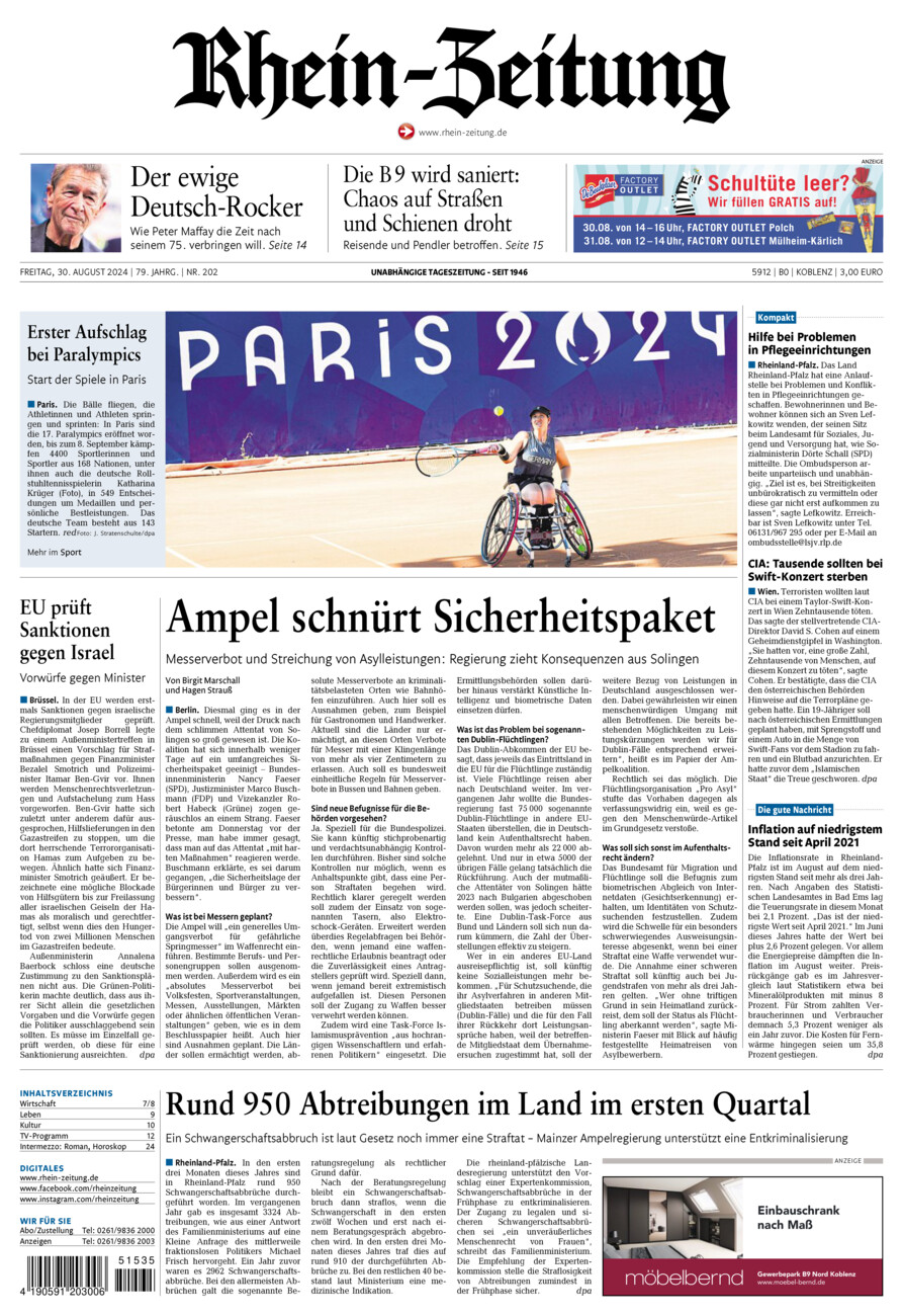 Rhein-Zeitung Koblenz & Region vom Freitag, 30.08.2024