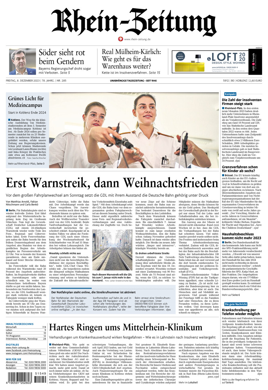 Rhein-Zeitung Koblenz & Region vom Freitag, 08.12.2023