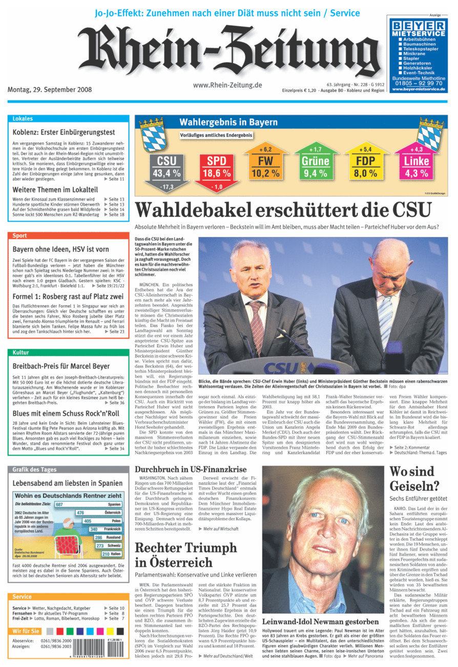 Rhein-Zeitung Koblenz & Region vom Montag, 29.09.2008