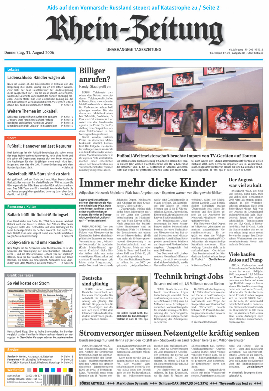 Rhein-Zeitung Koblenz & Region vom Donnerstag, 31.08.2006