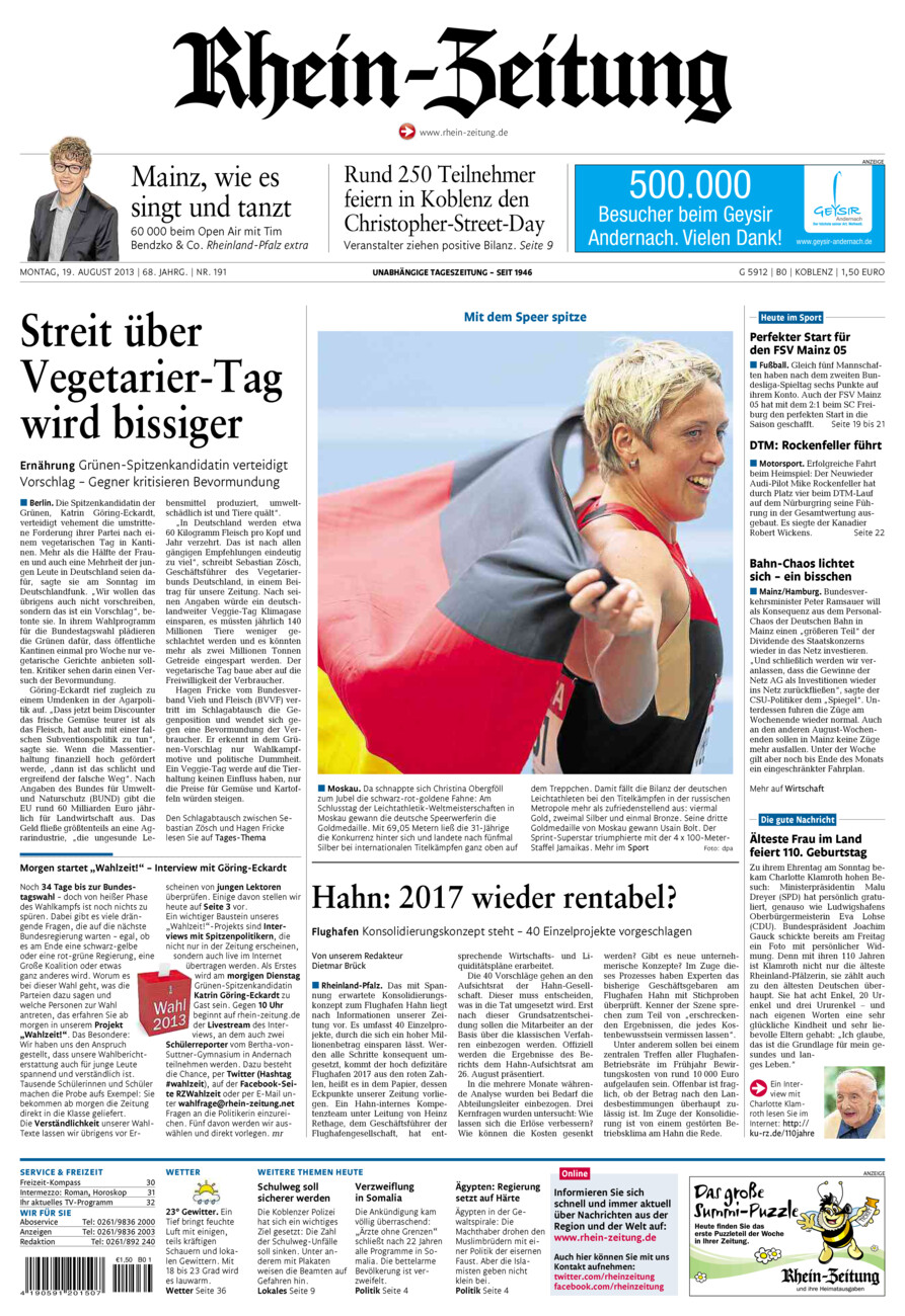 Rhein-Zeitung Koblenz & Region vom Montag, 19.08.2013