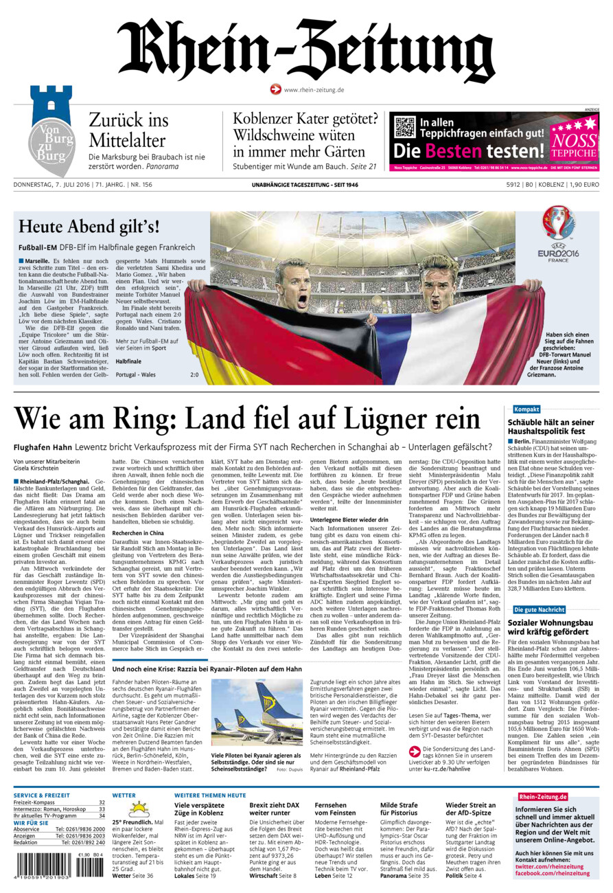 Rhein-Zeitung Koblenz & Region vom Donnerstag, 07.07.2016