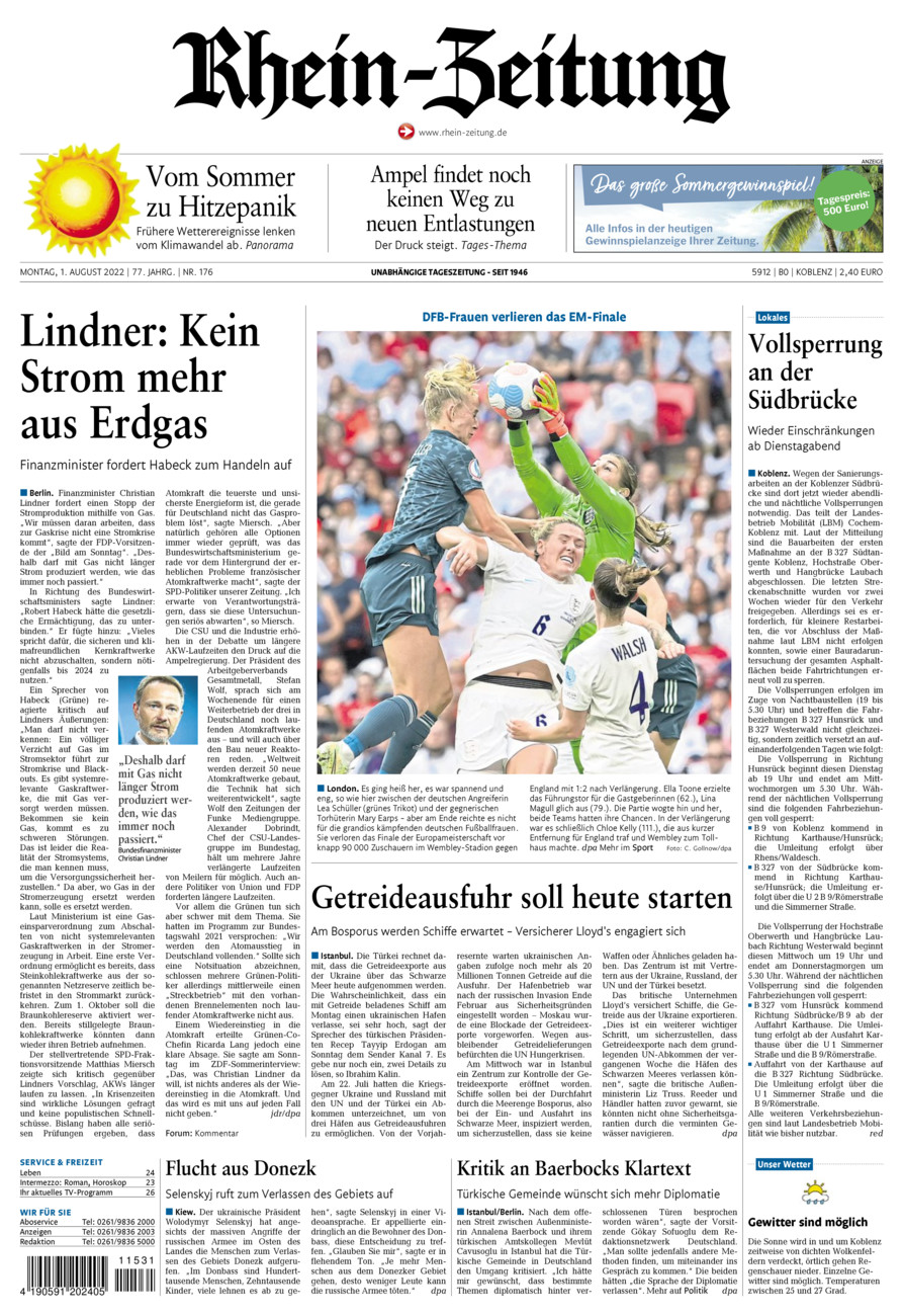 Rhein-Zeitung Koblenz & Region vom Montag, 01.08.2022