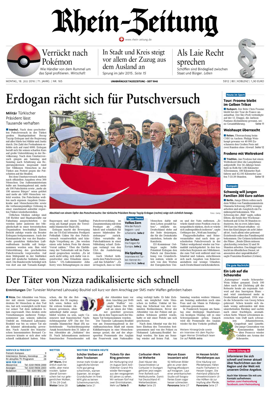 Rhein-Zeitung Koblenz & Region vom Montag, 18.07.2016