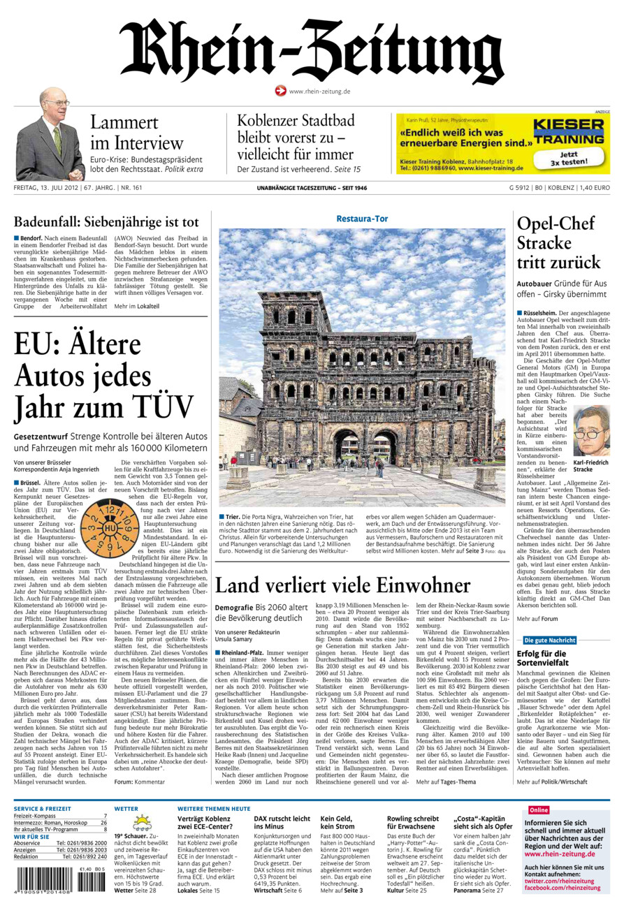 Rhein-Zeitung Koblenz & Region vom Freitag, 13.07.2012