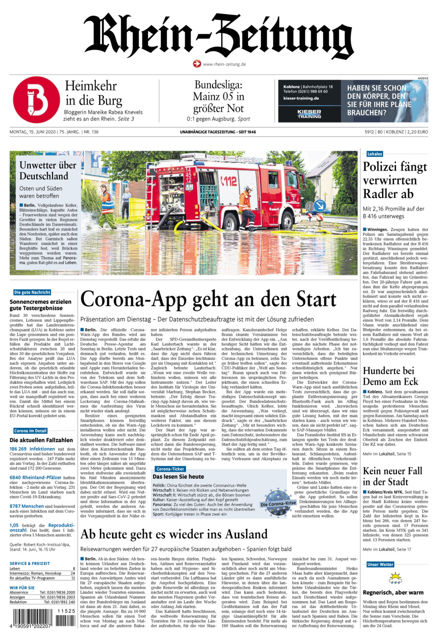 Rhein-Zeitung Koblenz & Region vom Montag, 15.06.2020