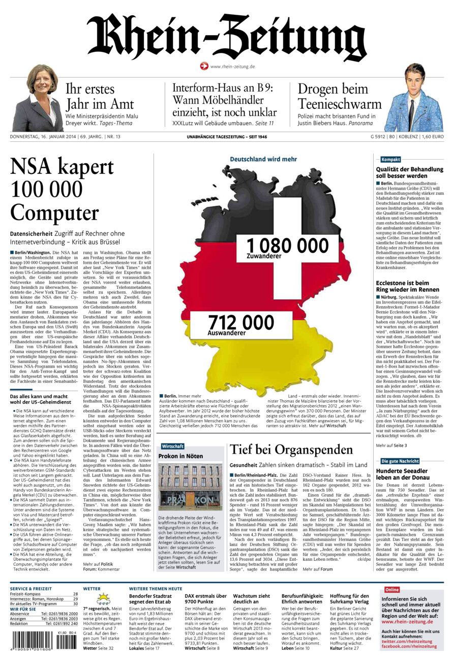 Rhein-Zeitung Koblenz & Region vom Donnerstag, 16.01.2014