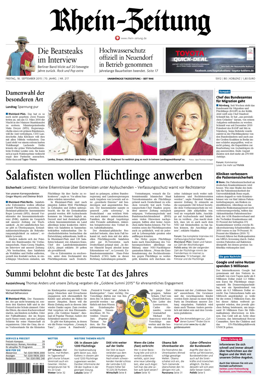Rhein-Zeitung Koblenz & Region vom Freitag, 18.09.2015
