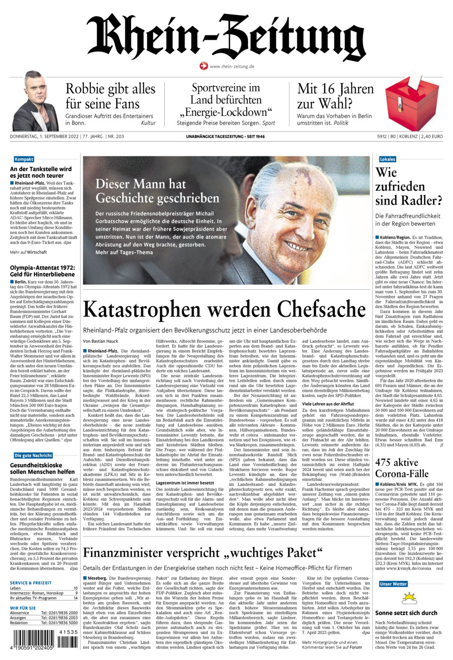 Rhein-Zeitung Koblenz & Region vom Donnerstag, 01.09.2022