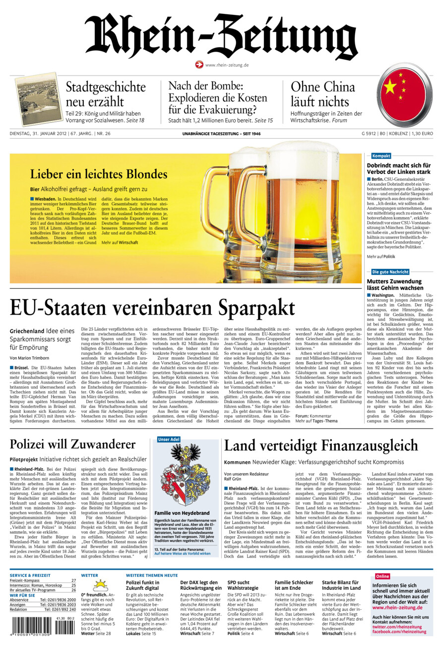 Rhein-Zeitung Koblenz & Region vom Dienstag, 31.01.2012