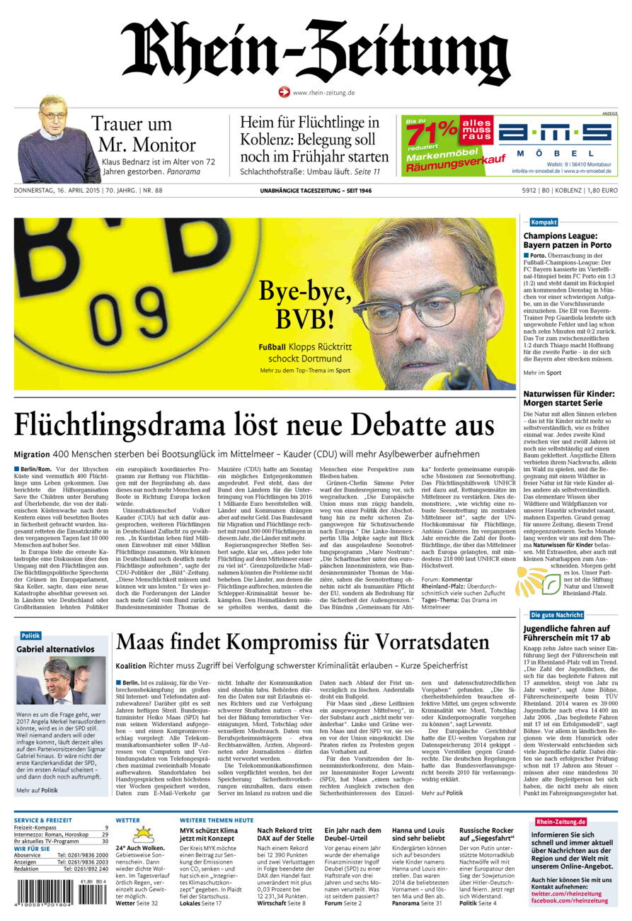 Rhein-Zeitung Koblenz & Region vom Donnerstag, 16.04.2015