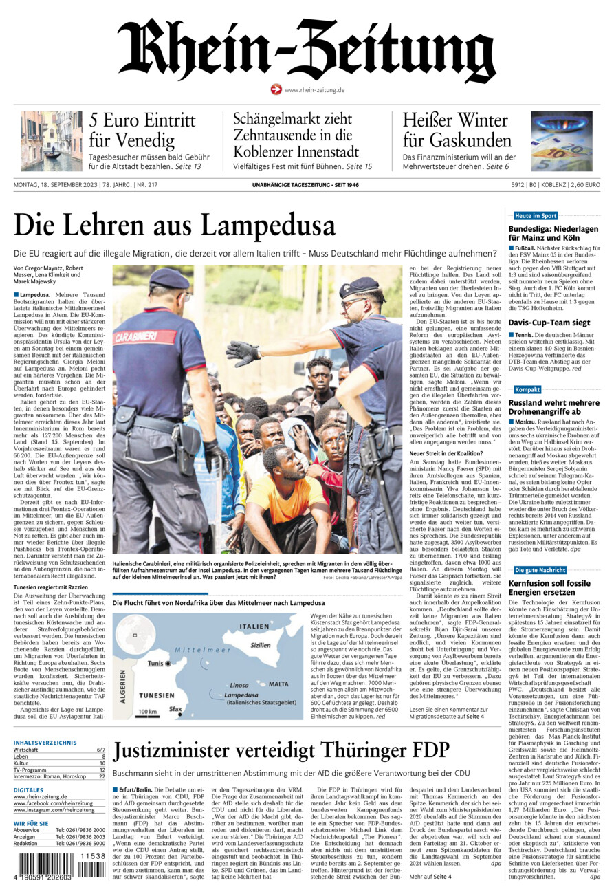 Rhein-Zeitung Koblenz & Region vom Montag, 18.09.2023