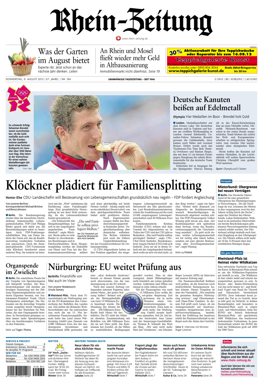 Rhein-Zeitung Koblenz & Region vom Donnerstag, 09.08.2012