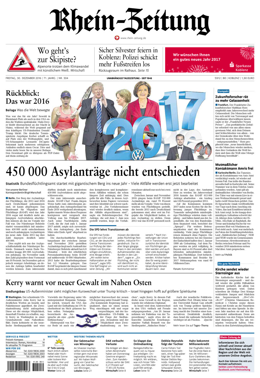 Rhein-Zeitung Koblenz & Region vom Freitag, 30.12.2016
