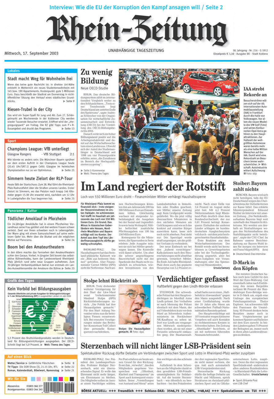 Rhein-Zeitung Koblenz & Region vom Mittwoch, 17.09.2003