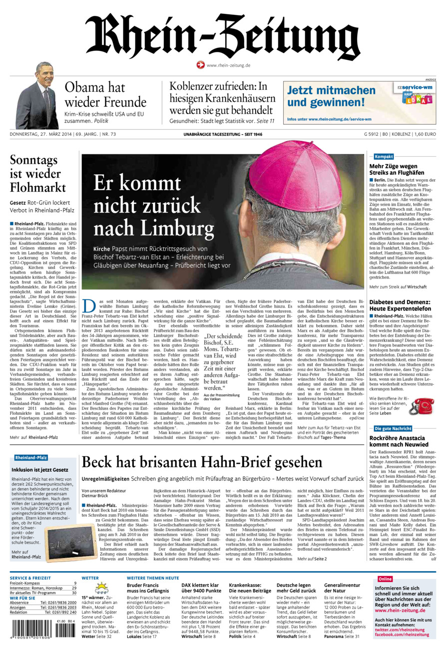 Rhein-Zeitung Koblenz & Region vom Donnerstag, 27.03.2014