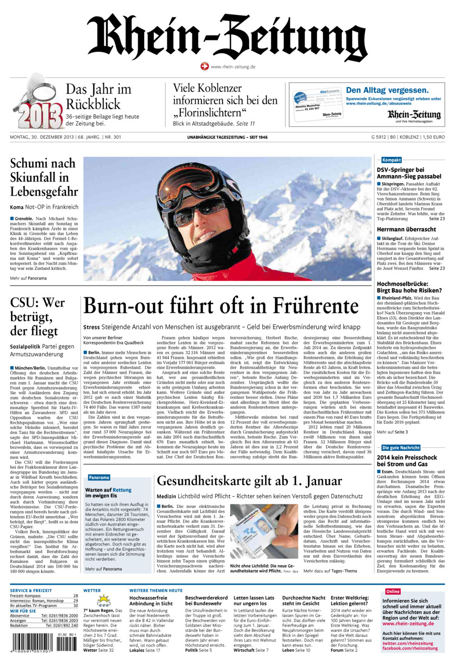 Rhein-Zeitung Koblenz & Region vom Montag, 30.12.2013
