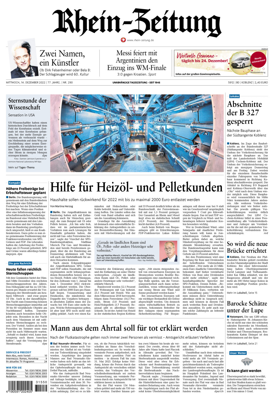 Rhein-Zeitung Koblenz & Region vom Mittwoch, 14.12.2022