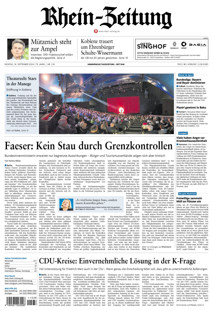 Rhein-Zeitung Koblenz & Region vom Montag, 16.09.2024